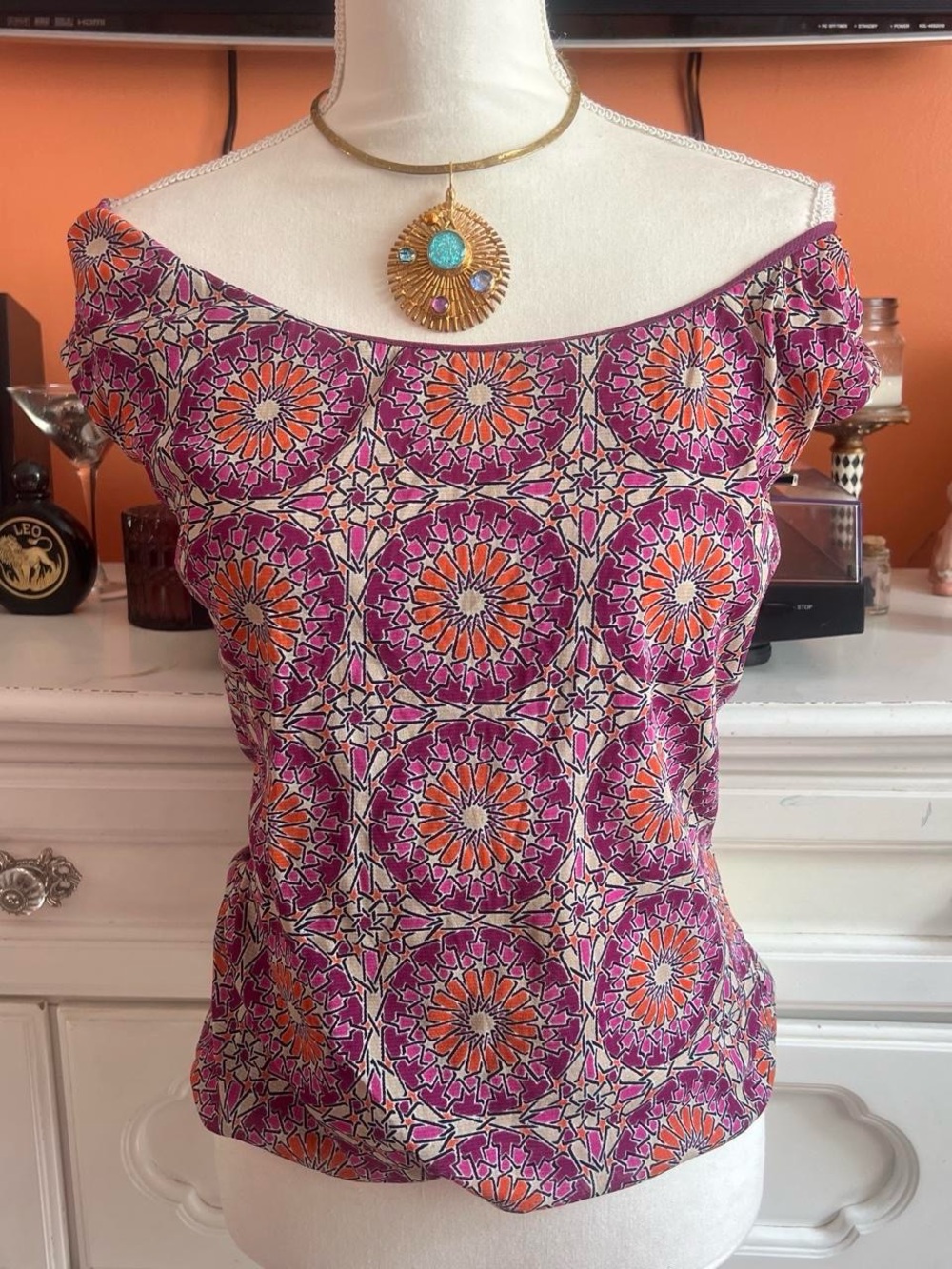 George Off-Shoulder Medallion Print Top in Pink and Orange